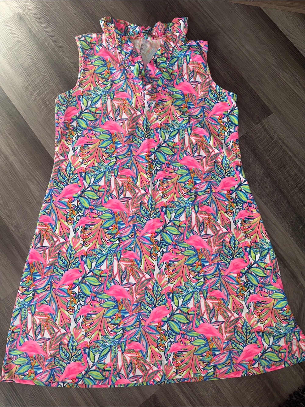 Lulu-b dress flamingos medium women’s sleeveless ruffle resort wear casual pink